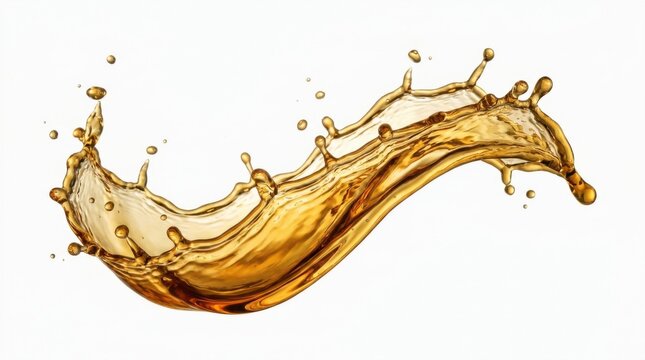 Golden liquid splashing wave isolated on a clean white background featuring sharp droplets and motion