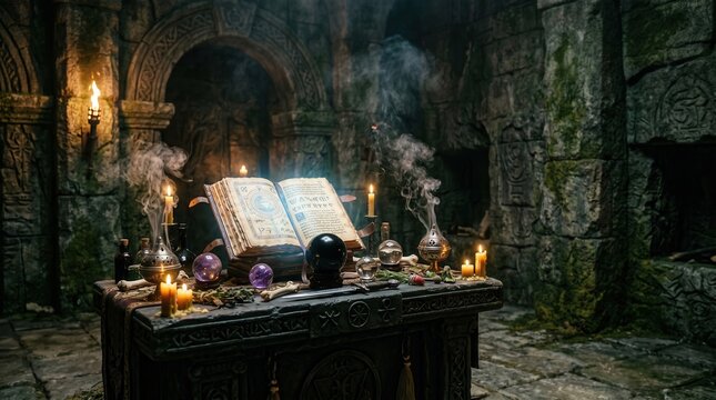 Ancient spellbook glowing on altar with burning candles and smoking incense. Halloween witchcraft ritual in dark stone dungeon.
