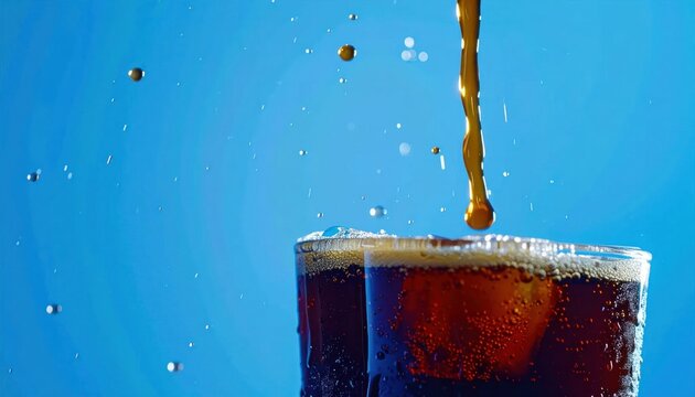 Refreshing cola soda being poured into a glass with ice cubes.