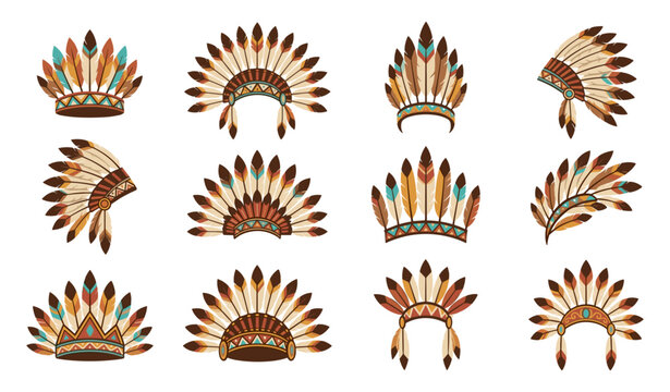 Native American feather headdress war bonnet vector collection set featuring indigenous tribal warrior chief ceremonial crowns isolated on white background