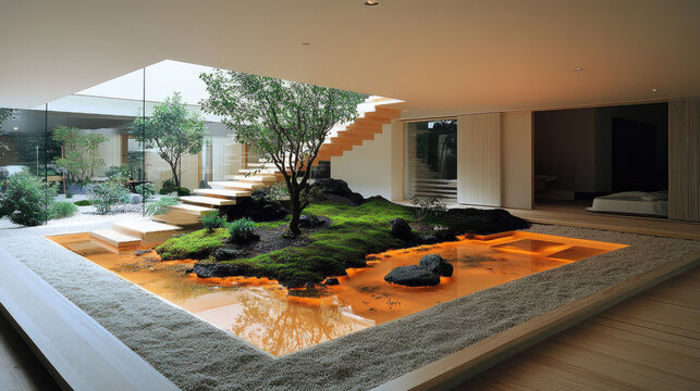 Modern Courtyard Oasis: Indoor Garden with Water Feature, Stairs, and Lush Greenery