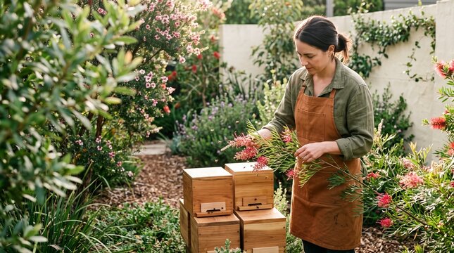Gardener tending native stingless bee hives in an urban garden