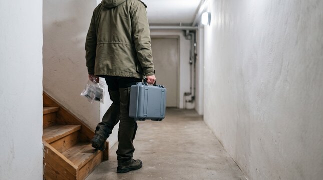 Radon inspector enters a Swedish residential basement with test kit