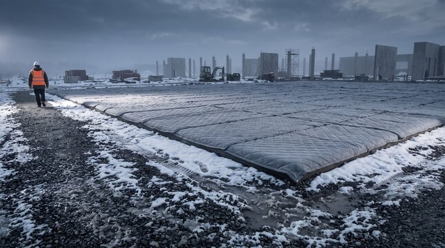 Concrete foundation rests under winter curing blankets