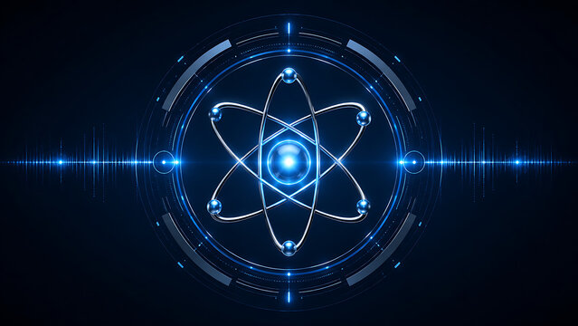 Futuristic Atomic Model with Digital Interface and Sound Wave Visualization