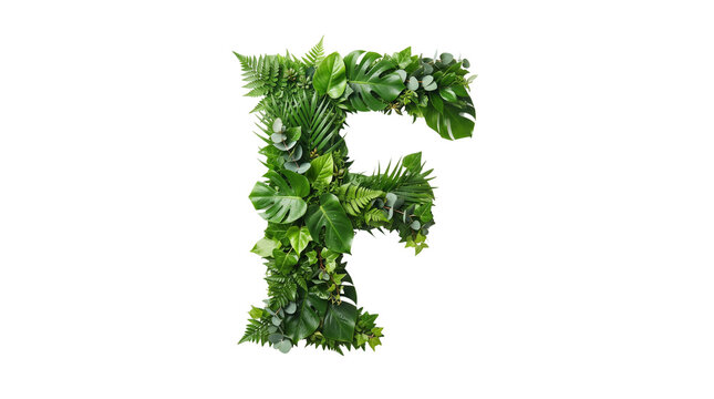 Tropical leaf letter F, green foliage alphabet character, exotic jungle botanical typography for eco-friendly branding isolated PNG with Transparent Background