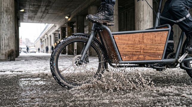Cargo bicycle wheel cuts through slush on a winter commute