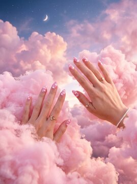detailed Macro photo of hands parting pink clouds 2k showing abstract micro structural details and textures with professional studio lighting