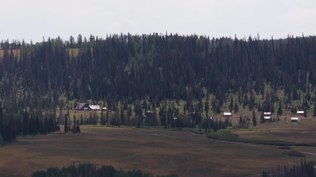 Aerial of remote Piuta Camp with cabins in Uinta Wasatch Cache National Forest in Utah along open meadows in summer