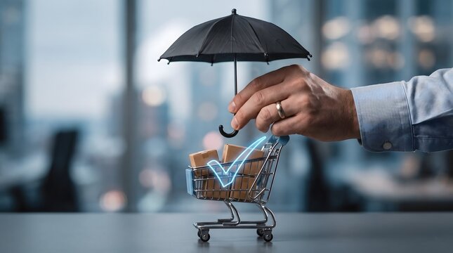 Insurance protection for retail shopping, businessman holding umbrella over miniature shopping cart, secure e-commerce delivery concept