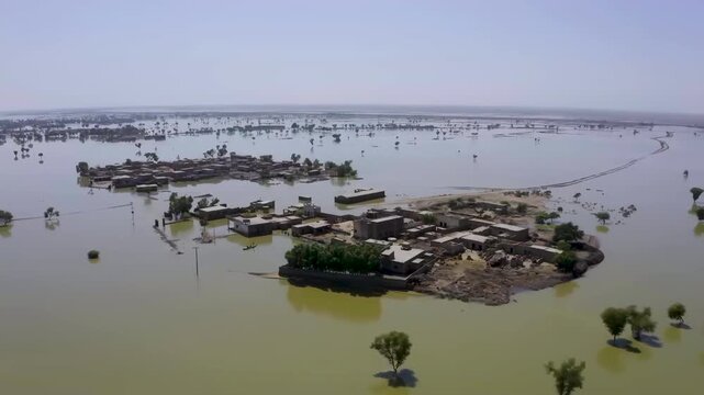 Panoramic view of a flooded city.
