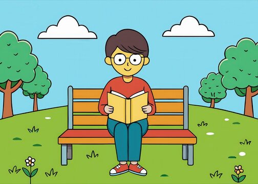 "Happy Reader on Bench in Park"