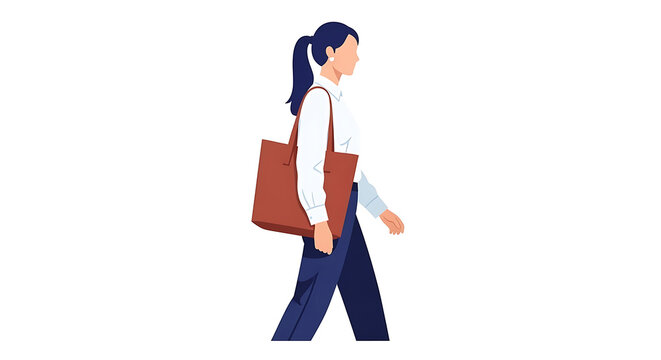 A professional walking woman carrying a brown tote bag depicted as a stylish businesswoman in a flat illustration isolated on a white background