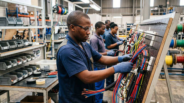 African workers assemble colorful automotive wiring harnesses