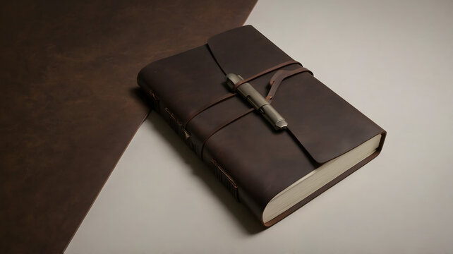 Luxury brown leather notebook with pen mockup on minimalist desk