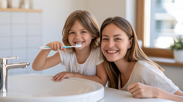 A cheerful mother and child brush their teeth side by side in a sunlit bathroom, relaxed smiles and clean white surfaces expressing everyday wellness, dental hygiene, family, toothbrush,