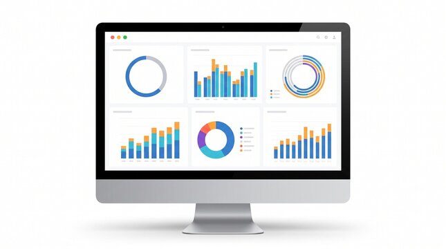 Modern business dashboard on computer screen, professional data analytics interface, financial charts and graphs on desktop monitor