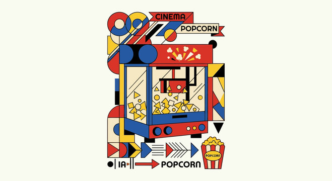 Cinema popcorn machine, abstract geometric movie illustration