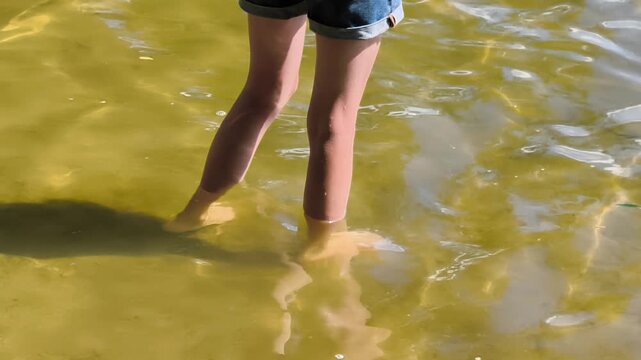 Person wading in murky green water with cyanobacteria algae bloom