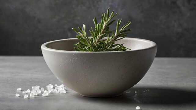 Fresh green rosemary branches in ceramic bowl on dark background