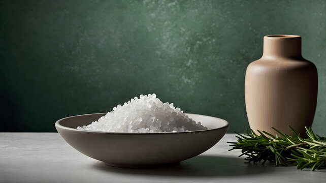 White coarse sea salt crystals heap in ceramic bowl close up