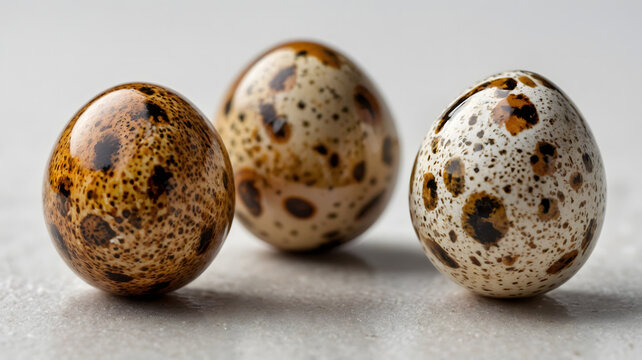 Raw speckled quail eggs composition close up on grey surface