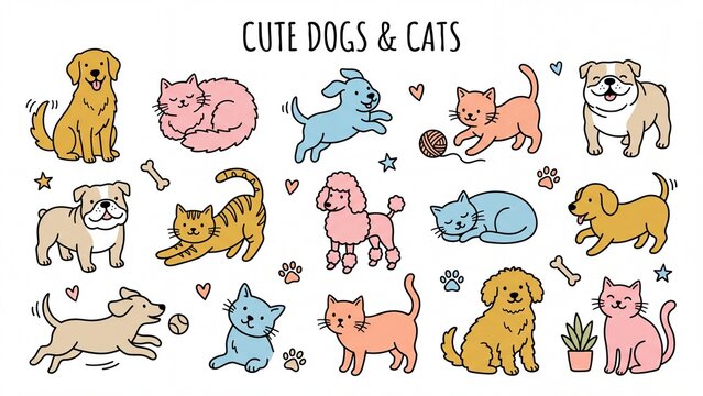 Cute hand-drawn doodle dogs and cats in various playful poses a charming collection for childrens designs pet care and animal-themed projects