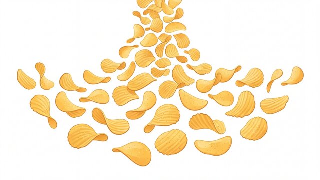 Crispy golden ridged potato chips falling and scattering a delicious snack food illustration for advertising and packaging design