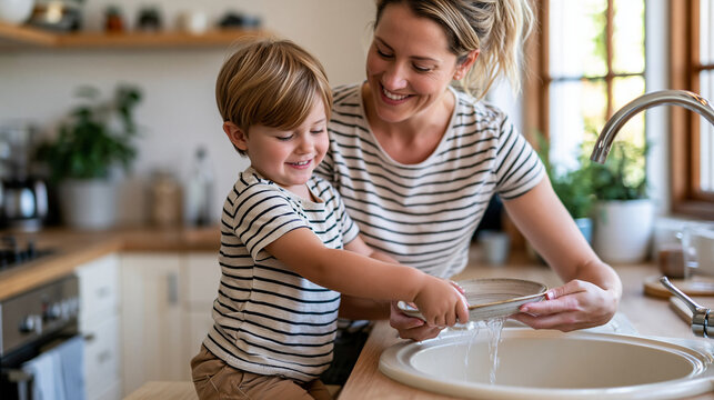 Standing on a small stool at the sink, a little boy rinses a plate while his smiling mother helps him hold it safely, warm modern kitchen with natural light, dishwashing, mother and son,