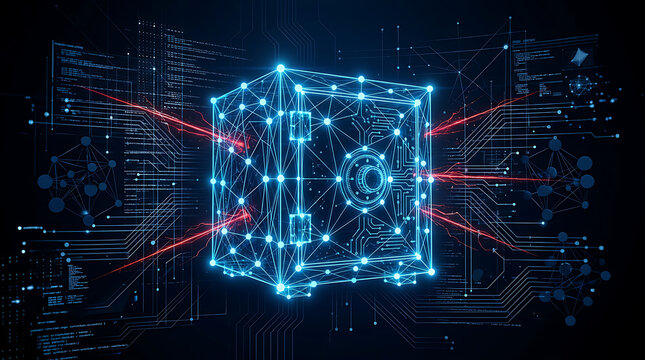 Futuristic digital vault with interconnected nodes and glowing security elements emphasizing cybersecurity technology and data