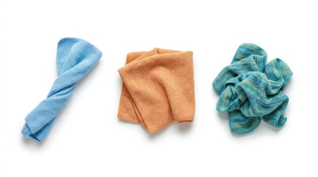 Three folded microfiber cleaning cloths in vibrant blue orange and green colors on white background