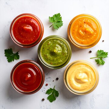 Five Colorful Salad Dressing Dips on Light Marble Top View