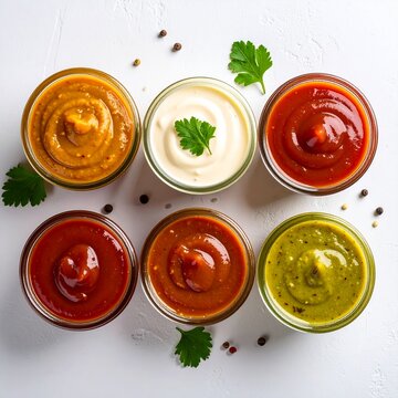 Six Artisanal Dipping Sauces in Glass Jars Top View Food Photography