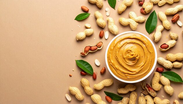Peanut Butter in a White Bowl with Peanuts and Green Leaves