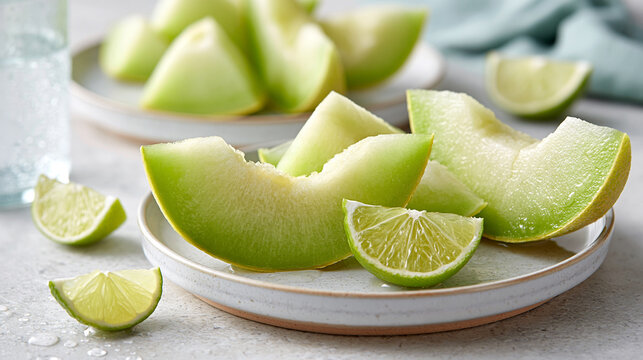 Fresh green melon slices and lime wedges arranged on white plates with a glass of water in the background, showcasing vibrant colors and textures