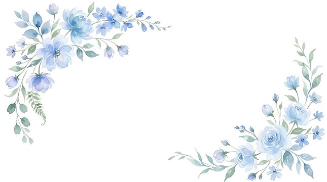 Watercolor blue floral corner border illustration with watercolor