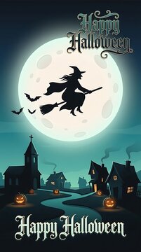 Halloween background with a witch flying on a broomstick in front of a full moon