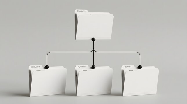 White file folders arranged in a hierarchical structure representing project management and organization