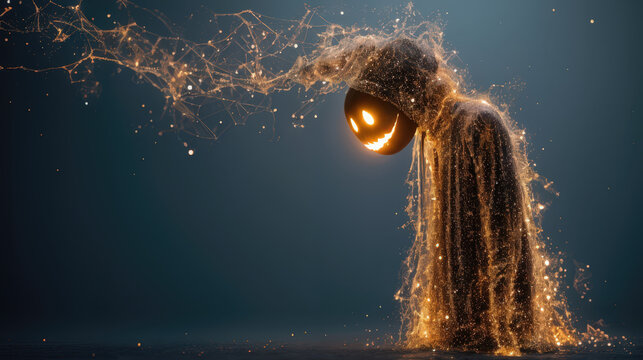 A spooky, glowing spectral entity with a sinister smile emanates a cloud of ethereal particles, suggesting a supernatural or digital presence in a mysterious, dark ambiance.