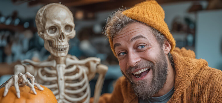 A cheerful man in a beanie and hoodie grins as he poses next to a skeleton and a pumpkin, capturing a playful and spooky Halloween spirit.