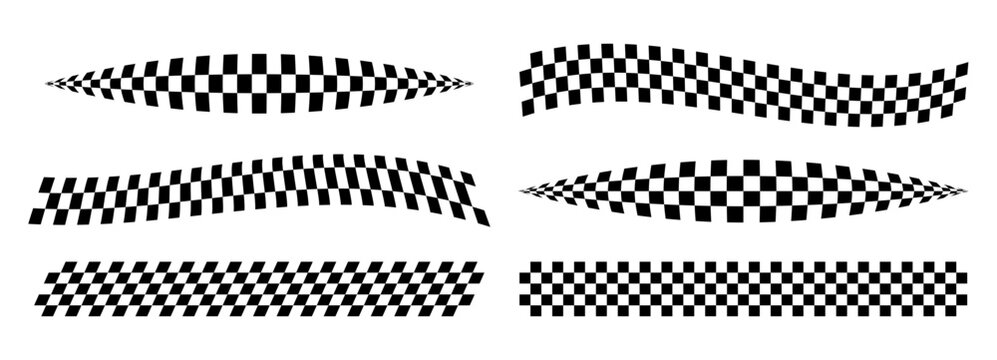 Racing stripes car checker speed lines with sport board pattern. Checkered graphic track banner frame black design vector border. Finish race ribbon icon decal pack