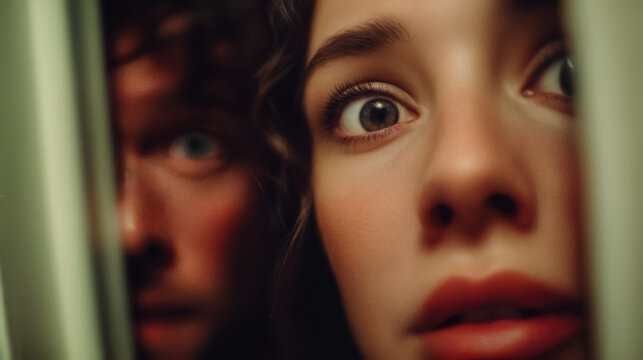 A woman with wide, frightened eyes peeks through a gap, her lips parted in fear, while a man's shadowed face looms behind her, creating a sense of suspense and unease.