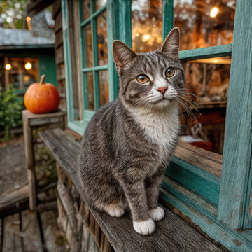 A domestic short-haired cat with striking grey tabby markings and white chest sits attentively on a rustic wooden railing, with a small pumpkin in the background, hinting at the autumn season.