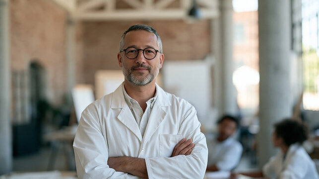 A quantum research physicist in a lab coat pauses mid conversation inside a vaulted luxury converted warehouse interior, exposed brick and high ceilings suggesting commercial