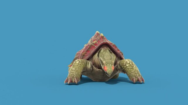 Blue Screen Monster Turtle Die Front 3D Animations Rendering GCI 4K