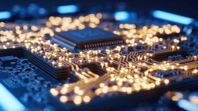 Close-up view of a circuit board with illuminated pathways and microchip, showcasing intricate electronic connections and glowing lights in a dark environment