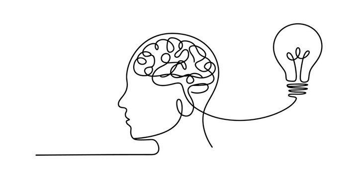 Human head with brain and light bulb drawn in a single continuous line art style