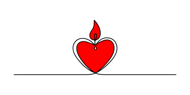 Continuous single line drawing of a red heart shape with a flame on top
