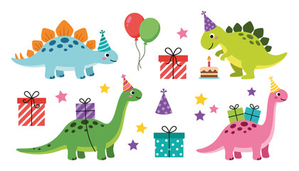 Obraz premium Cute Birthday Dinosaur Vector Cartoon Character Clipart Set Featuring Happy Dino Friends with Party Hats Balloons Cake Gift Boxes and Colorful Stars for Kids Invitation Designs