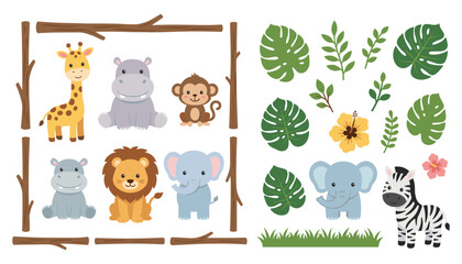 Naklejka premium Cute Safari Animals Vector Clipart Set Featuring Lion Giraffe Elephant Hippo Monkey Zebra Tropical Monstera Palm Leaves Wood Sticks and Hibiscus Flower Elements